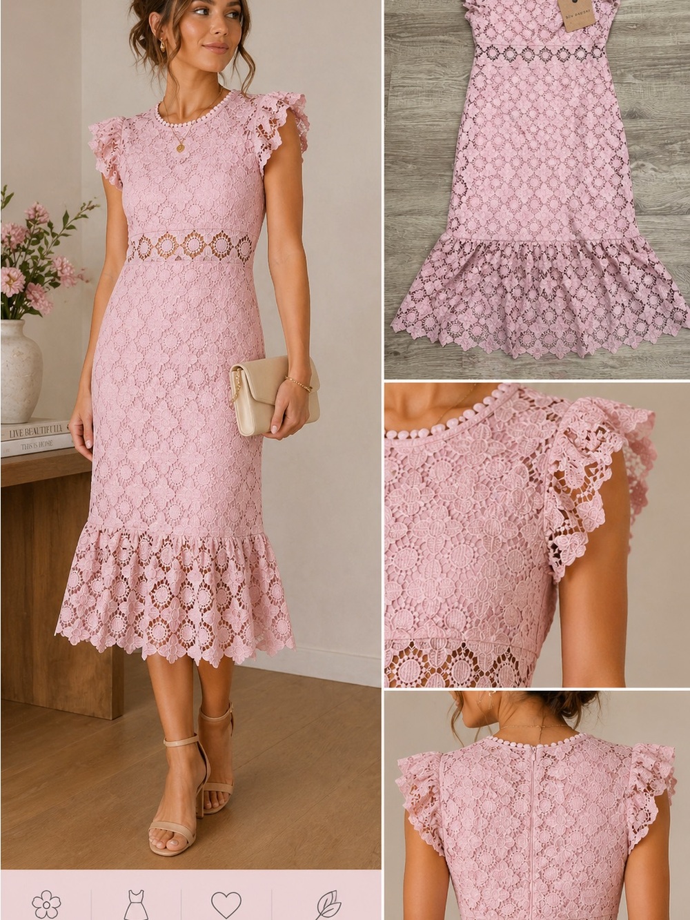 Blu Pepper Pink Lace Midi Dress with Flutter Sleeves